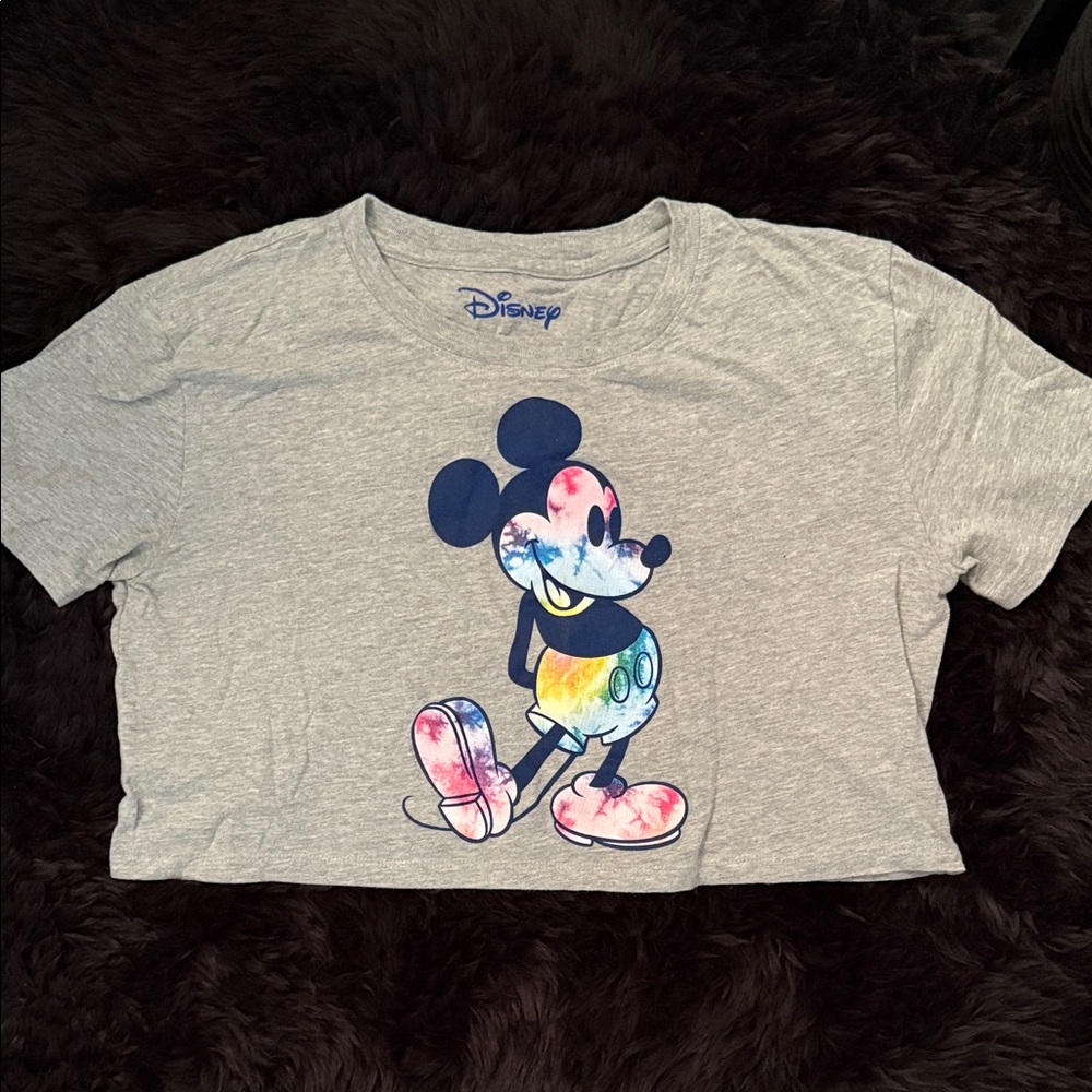 Disney Gray Crop Tee with Multicolor Tie-Dye Mickey Graphic